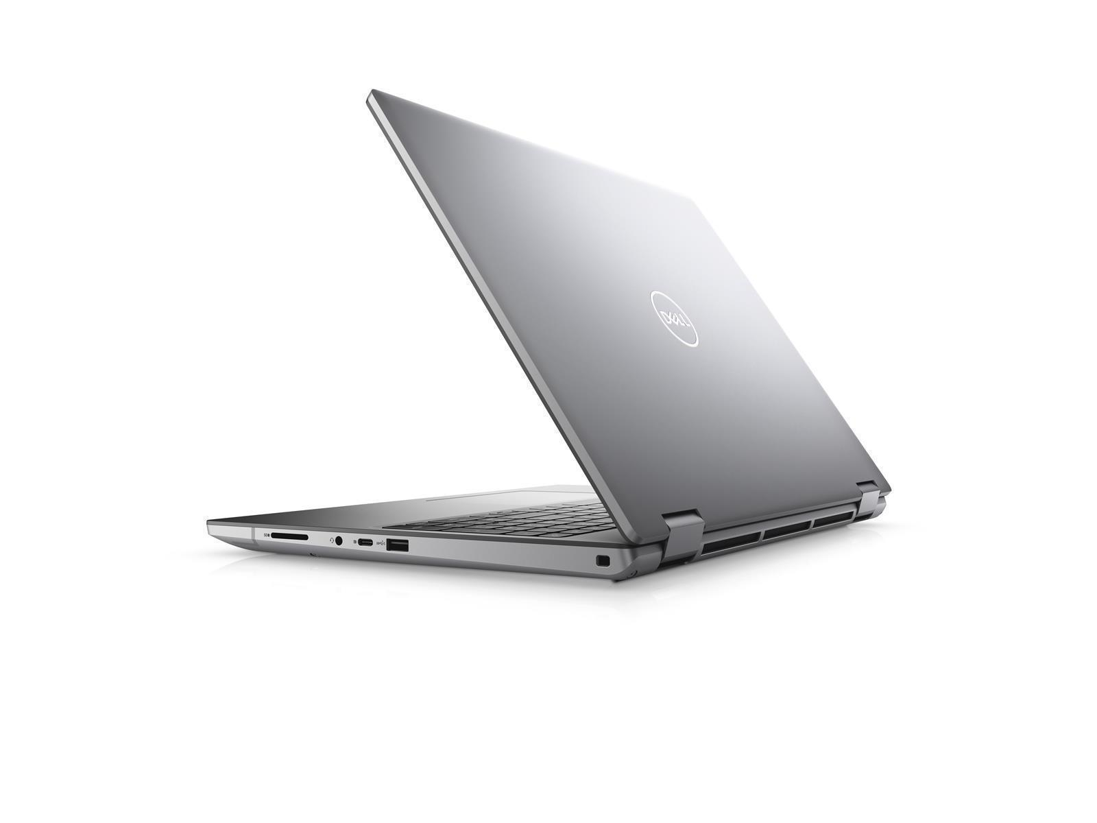 Ein silberner Dell-Laptop ist geöffnet und zeigt die Tastatur und den Bildschirm. Das Dell-Logo ist sichtbar. Der Hintergrund ist weiß.
