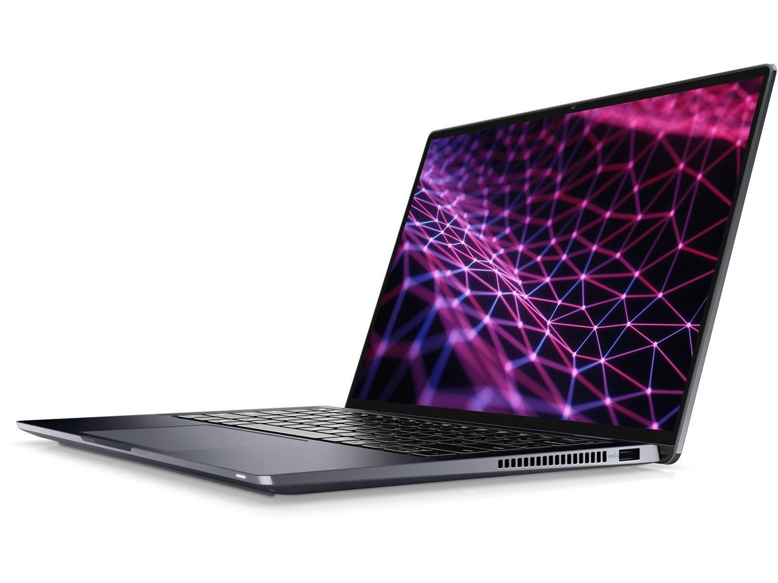 Ein Laptop mit schwarzer Tastatur und Bildschirm, der ein lila und blaues Netzwerkdesign vor weißem Hintergrund zeigt.