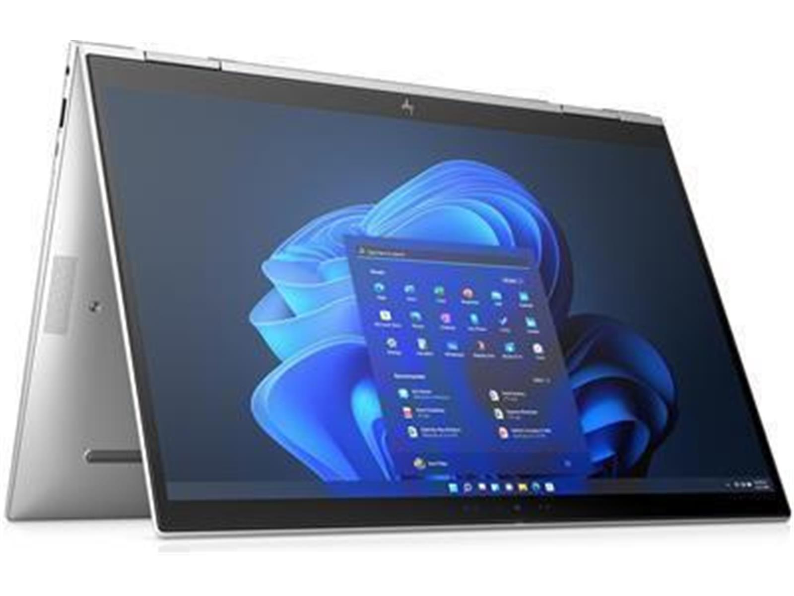Ein silberner Laptop ist geöffnet und zeigt eine Windows-Oberfläche. Der Bildschirm zeigt blaue, abstrakte Formen und App-Symbole.