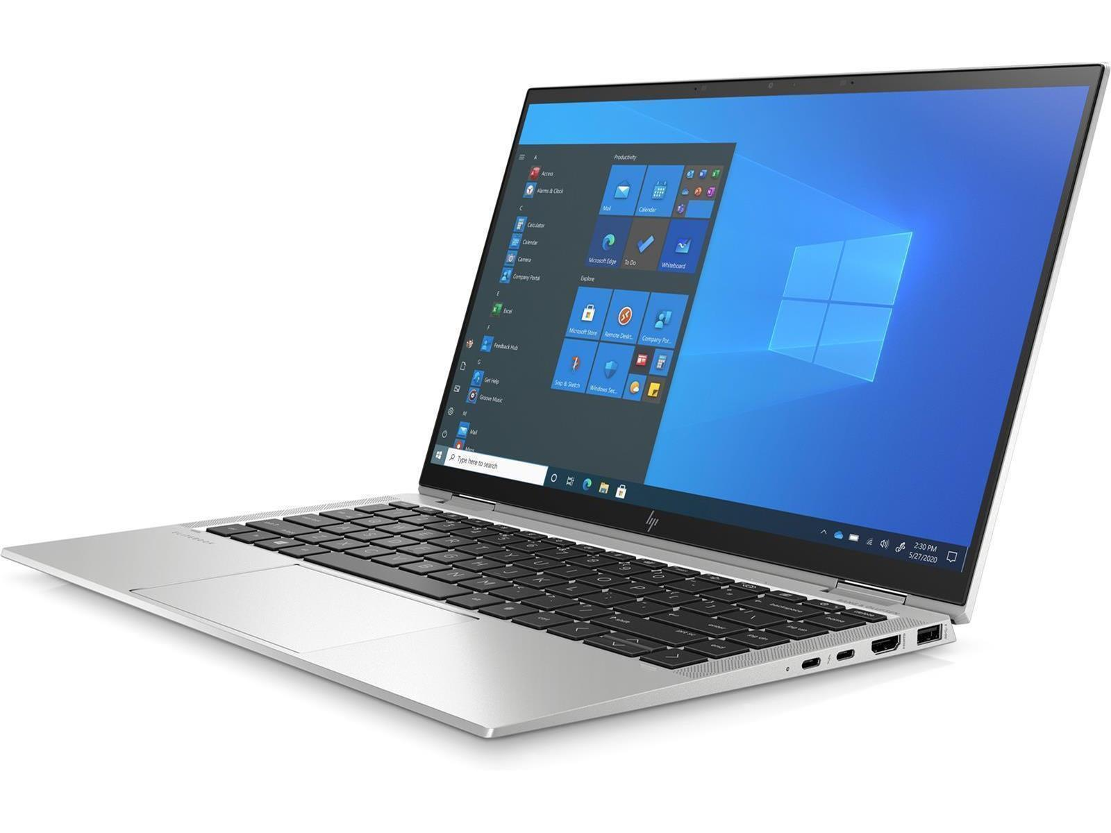 Silberner Laptop mit Windows-Bildschirm. Der Bildschirm zeigt App-Symbole. Tastatur sichtbar. HP-Logo unter dem Bildschirm.