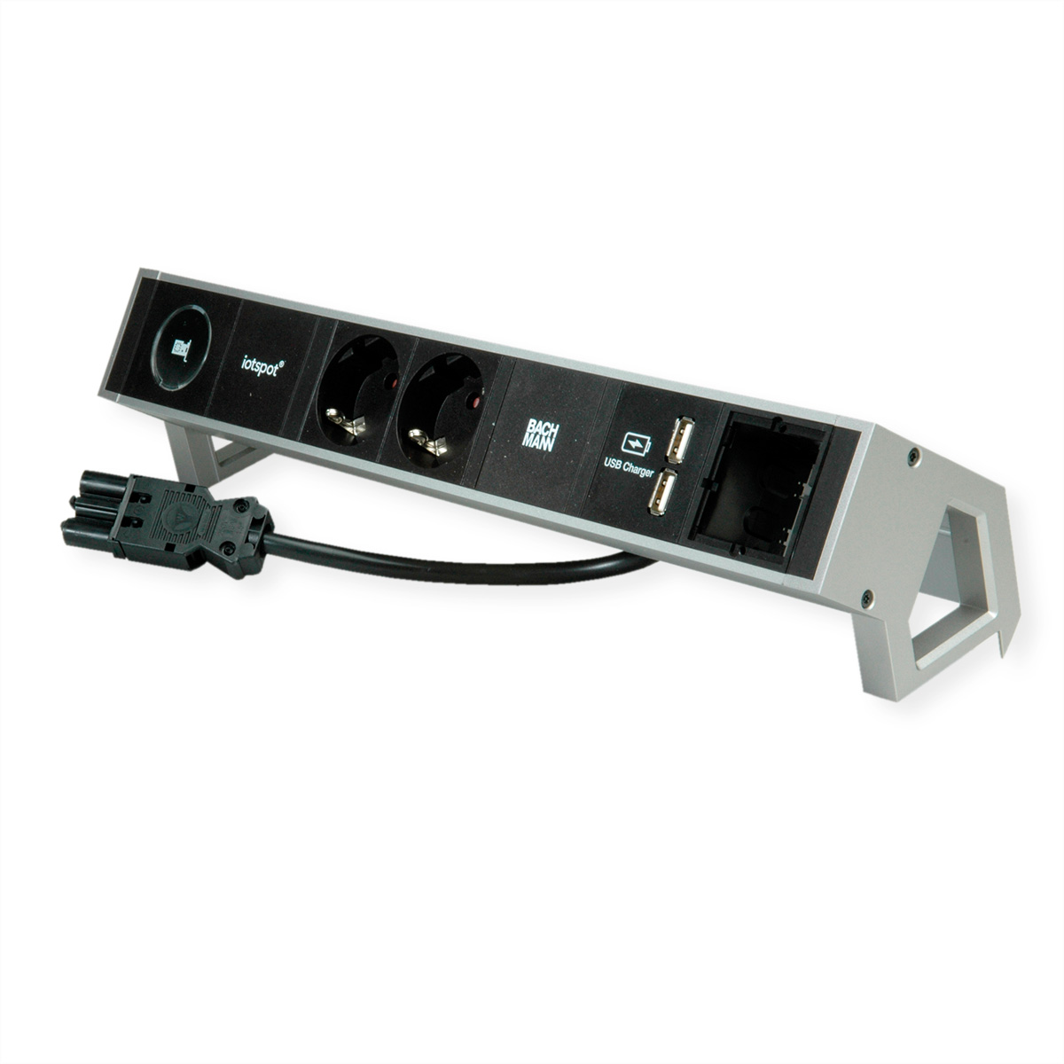 Eine silber-schwarze Steckdosenleiste mit zwei Steckdosen, USB-Anschlüssen und einem Netzkabel. Der Markenname ist sichtbar.
