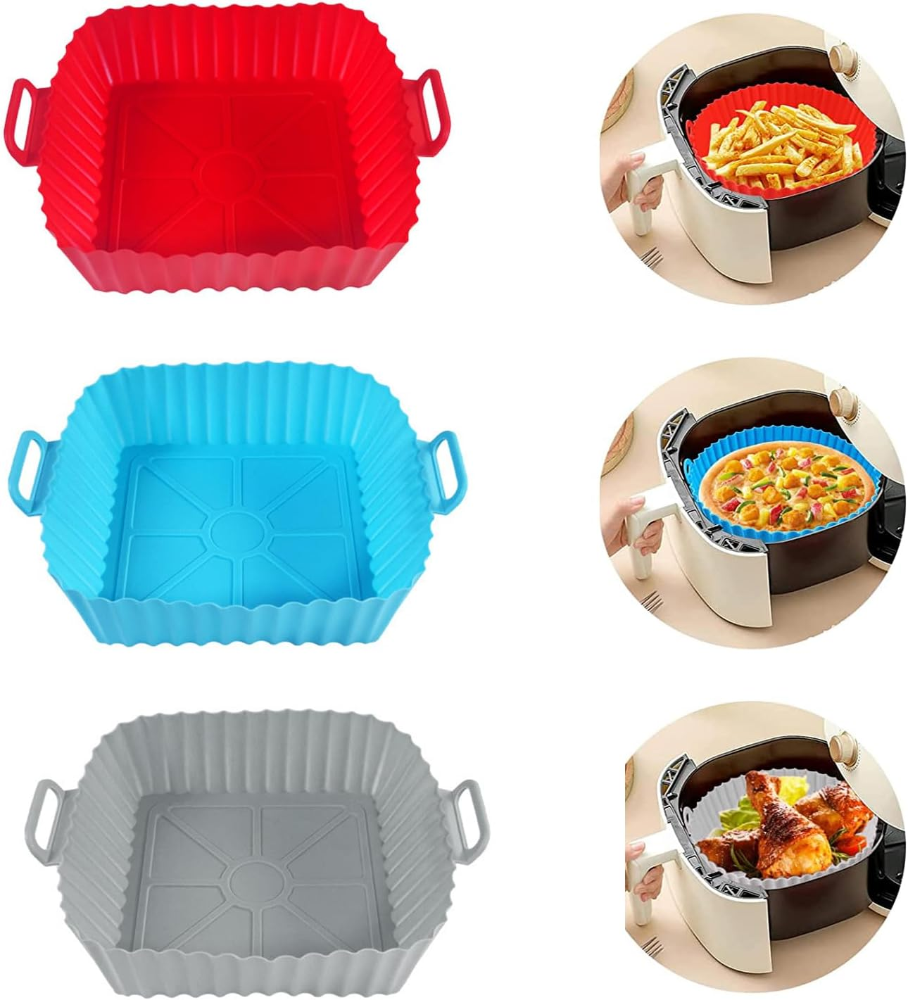 Drei farbige Silikon-Heißluftfritteuseneinsätze: rot, blau und grau. Außerdem eine Fritteuse mit Pommes, Pizza und Hähnchen.