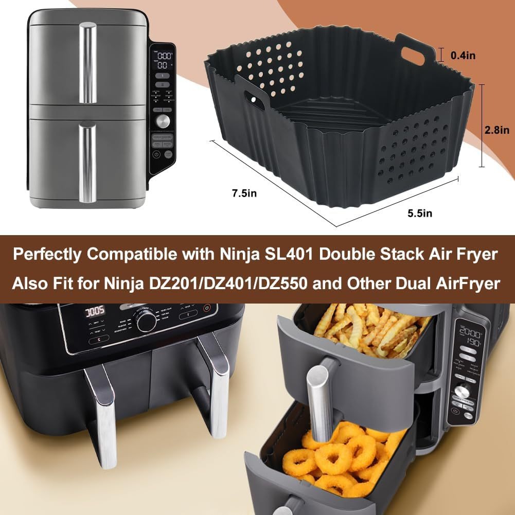 Ein Airfryer und ein schwarzer Korb werden gezeigt. Der Airfryer hat digitale Anzeigen. Der Korb hat beschriftete Abmessungen. Text erwähnt Kompatibilität.
