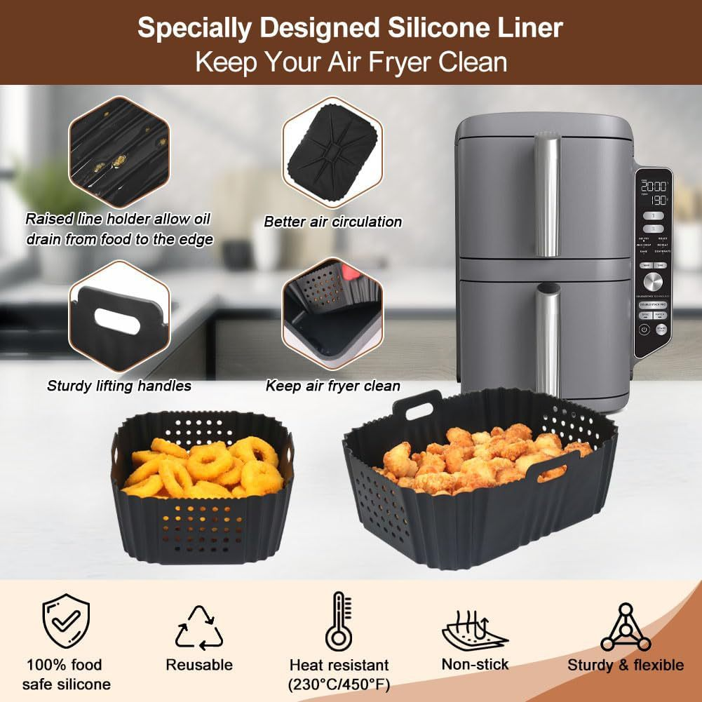 Das Bild zeigt einen Airfryer mit Silikon-Einsätzen. Es gibt Körbe mit Essen. Der Text erwähnt Merkmale wie Hitzebeständigkeit und Antihaft.