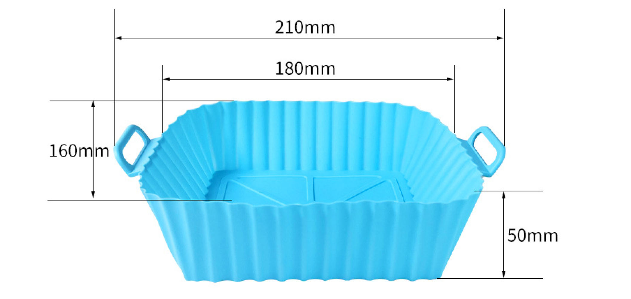 Ein blauer Silikon-Frittierkorb mit Maßangaben und Griffen. Er hat ein geripptes Design.