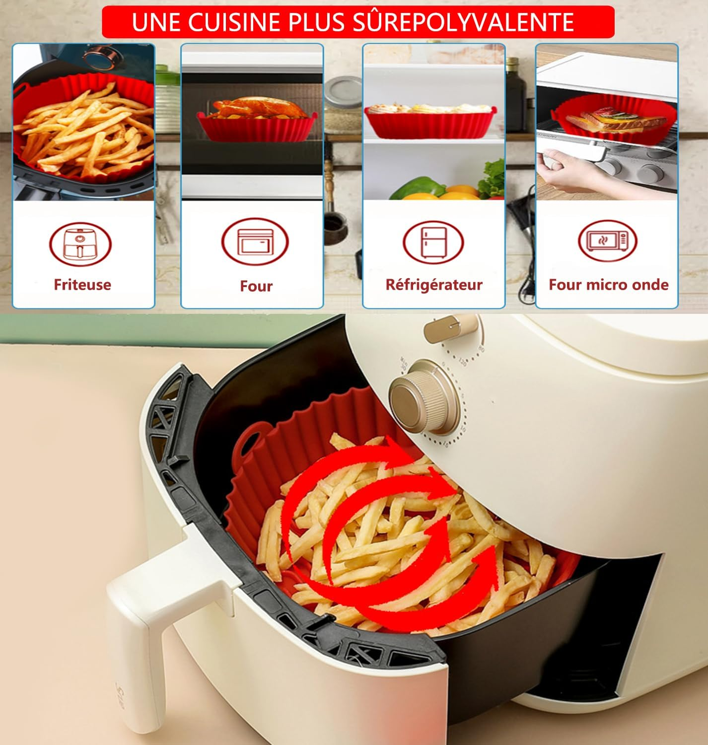 Eine Heißluftfritteuse mit Pommes Frites. Rote Pfeile zeigen die Luftzirkulation. Andere Bilder zeigen die Verwendung in Backofen, Kühlschrank und Mikrowelle.