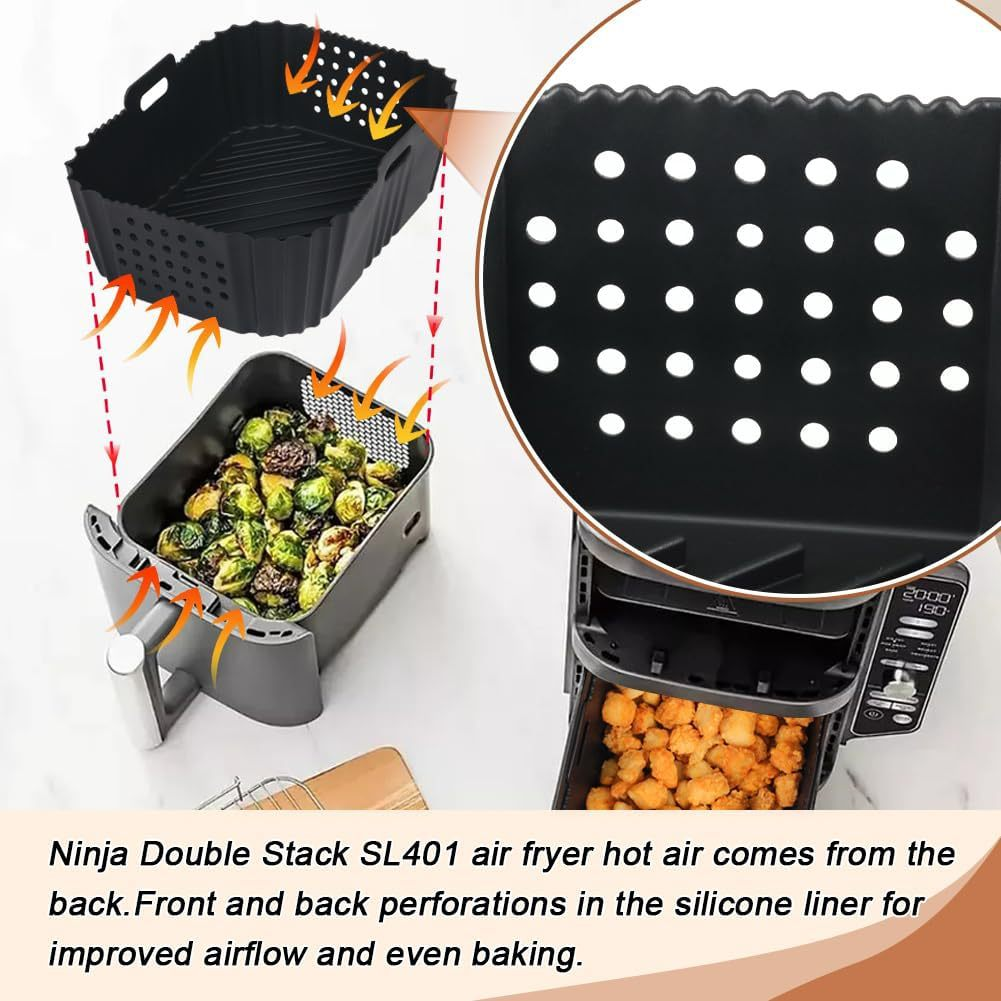 Ninja-Heißluftfritteuse. Zeigt Luftstrom und Silikonliner-Perforationen. Enthält Rosenkohl und frittierte Speisen.