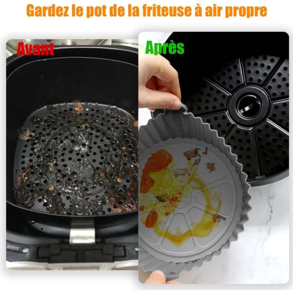 Das Bild zeigt einen Airfryer vor und nach der Verwendung einer Silikon-Liner. Das 'Vorher'-Bild zeigt einen schmutzigen Fryer und das 'Nachher' zeigt einen sauberen Liner.