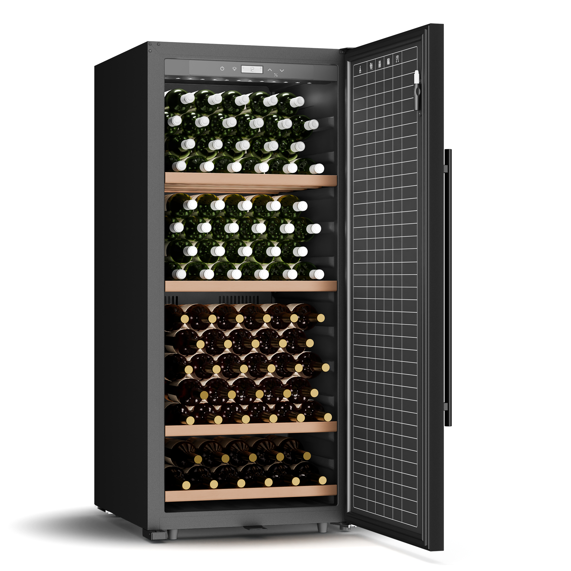Una cantinetta con la porta aperta, che mostra bottiglie di vino bianco e rosso. La porta ha un motivo a griglia.