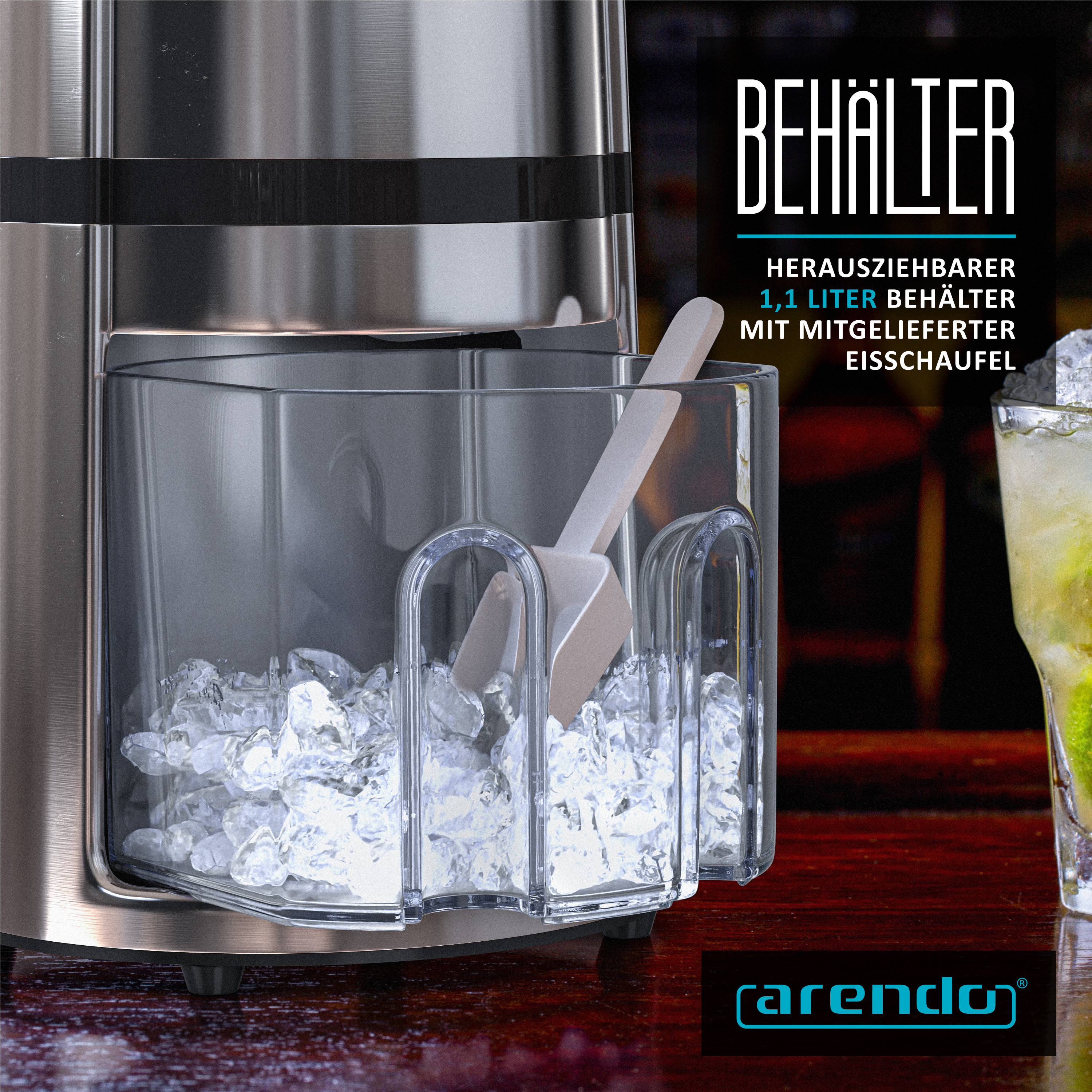 Eismaschine mit einem transparenten Behälter voller Eiswürfel und Schaufel. Text auf Deutsch: Behalter, 1,1-Liter-Behälter.