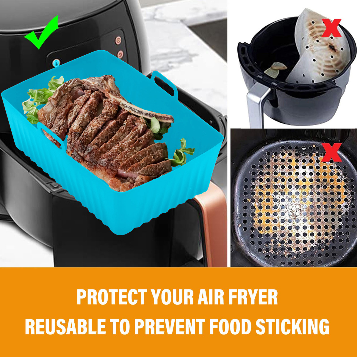 Ein Airfryer mit einem blauen Silikontablett mit gekochtem Steak. Zeigt einen sauberen und schmutzigen Airfryer. Text: Schützen Sie Ihren Airfryer.