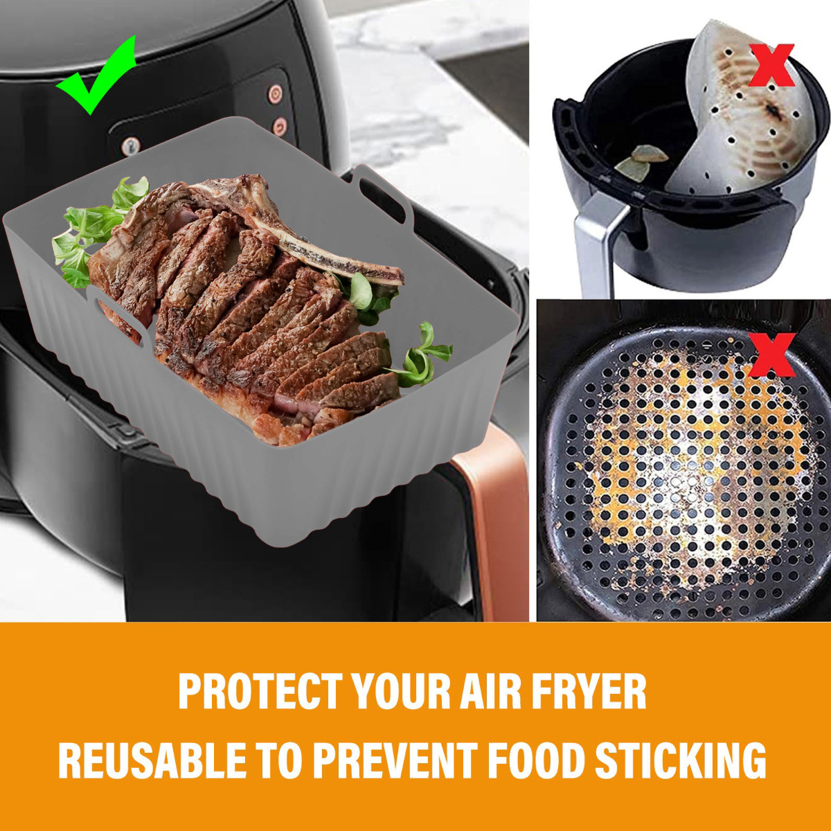 Ein Airfryer mit Steak in einem grauen Silikonbehälter. Weitere Bilder zeigen den Fryer ohne Schutz und Text, um das Anhaften von Speisen zu verhindern.