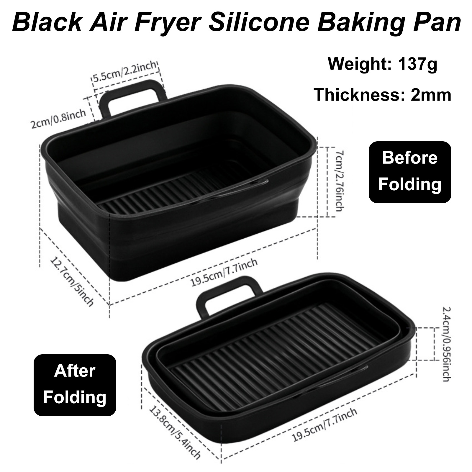 Eine schwarze Silikon-Airfryer-Backform, vor und nach dem Falten gezeigt, mit Abmessungen und Gewichtsangaben.