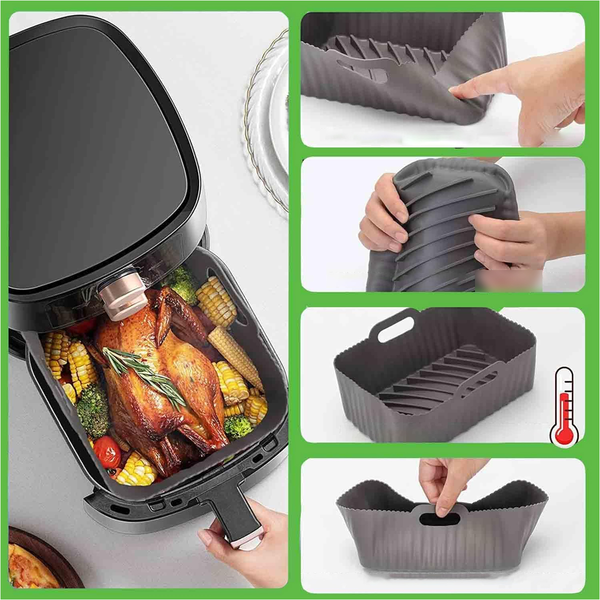 Ein Airfryer mit gebratenem Hähnchen und Gemüse. Enthält Silikon-Liner. Hände demonstrieren die Verwendung und Temperatur.