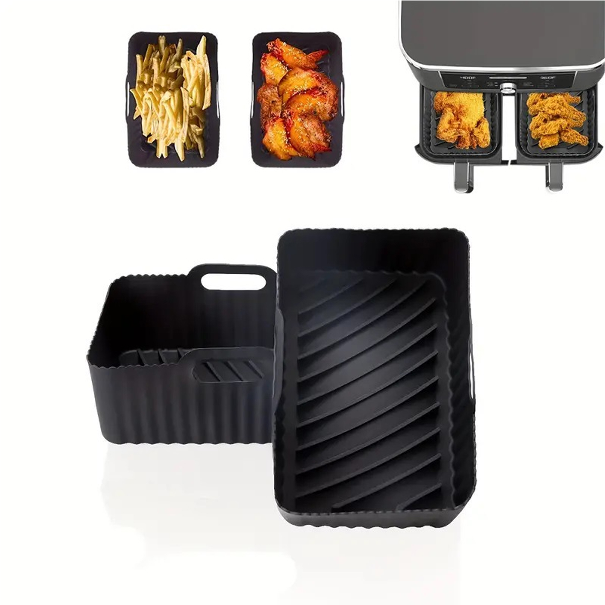Das Bild zeigt einen Airfryer mit Fritten, Chicken Wings und zwei schwarzen Silikonkörben.