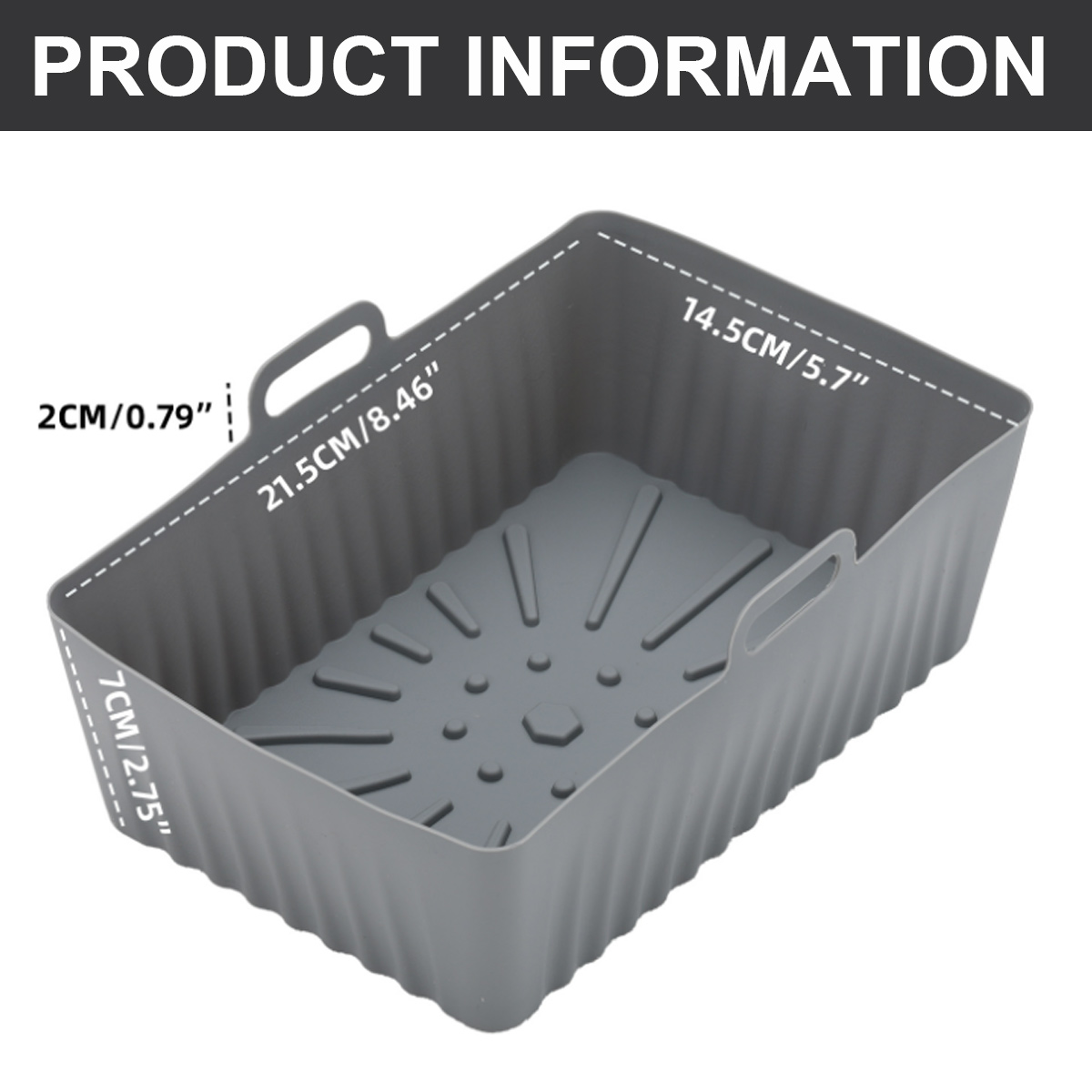 Ein grauer Silikonkorb mit Größenangaben. Er hat Griffe und einen strukturierten Boden. Oben steht 'PRODUCT INFORMATION'.