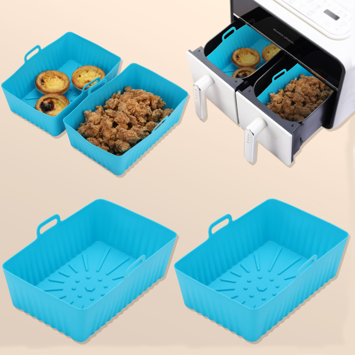 Eine Heißluftfritteuse mit Essen, darunter Gebäck und Frittiertes. Blaue Silikontabletts sind ebenfalls vorhanden.