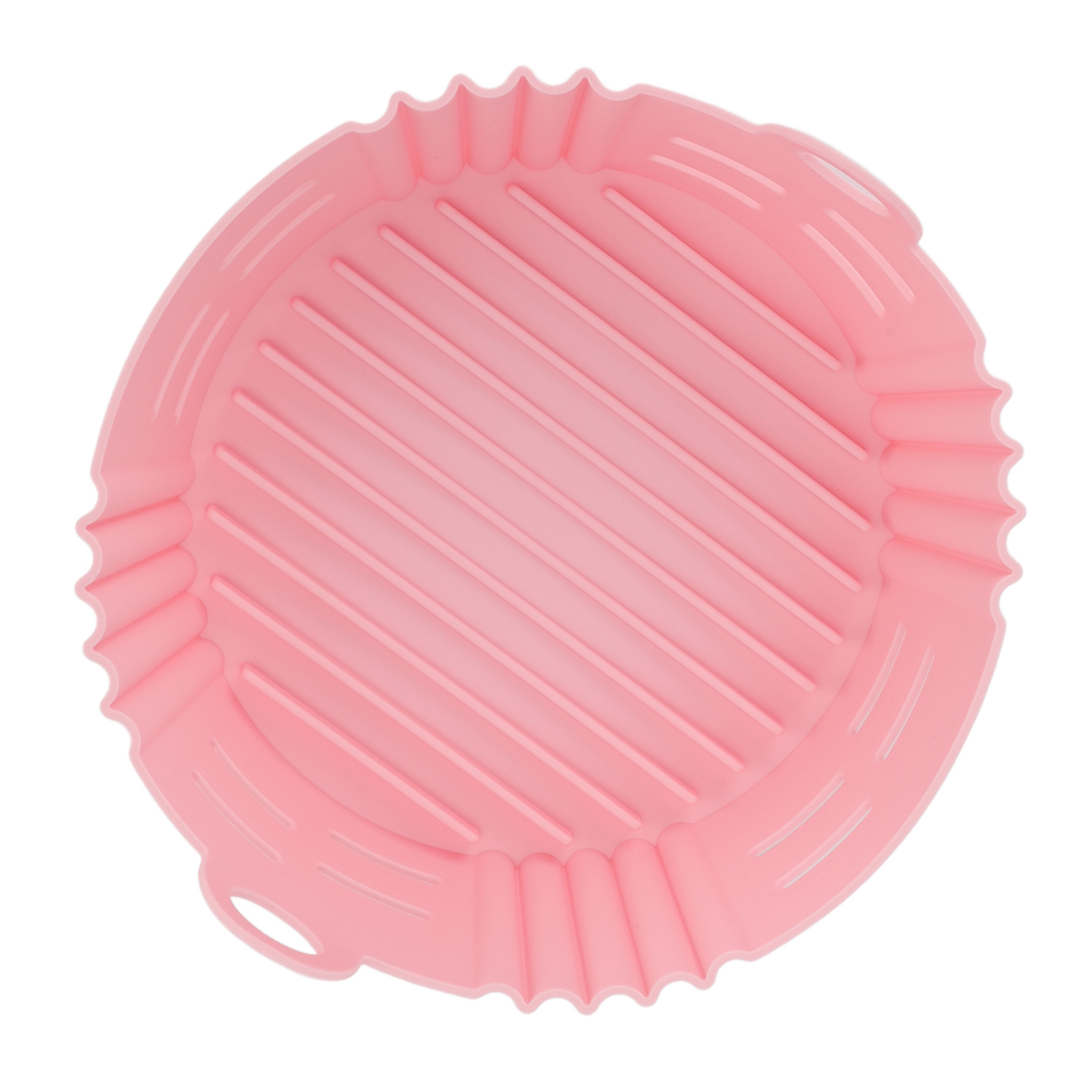 Ein pinkfarbener, runder Silikon-Luftfritteuseneinsatz mit geriffeltem Boden und gewellten Kanten. Er hat kleine Griffe und ist auf weißem Hintergrund.