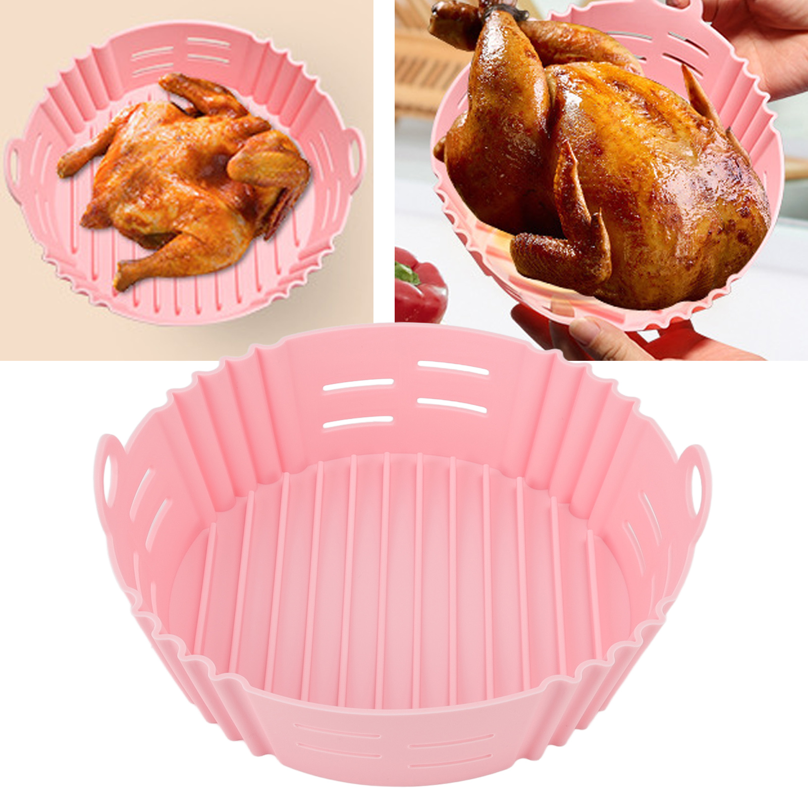 Ein gebratenes Hähnchen in einem rosa Silikon-Airfryer-Korb. Der Korb ist in einem anderen Bild leer.