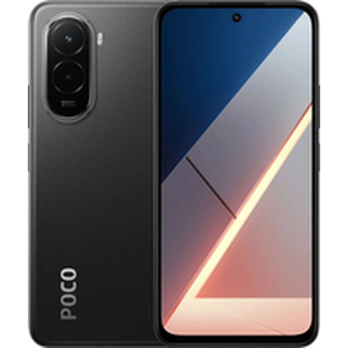 Ein schwarzes Poco-Telefon mit Dreifachkamera und Bildschirm mit abstrakten Formen. Das Poco-Logo ist sichtbar.