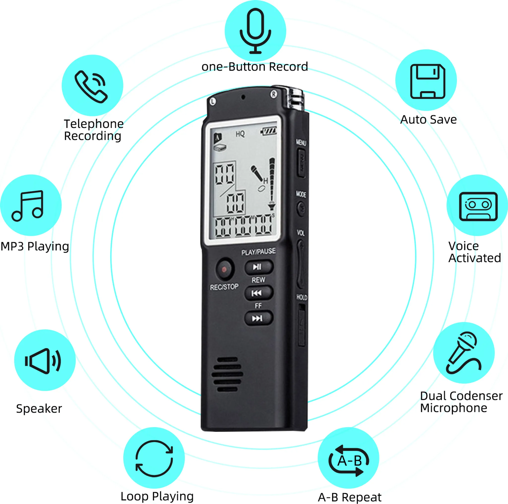 Ein schwarzes digitales Aufnahmegerät mit Bildschirm und Tasten. Symbole für Funktionen wie Aufnahme, MP3-Wiedergabe und Lautsprecher werden angezeigt.