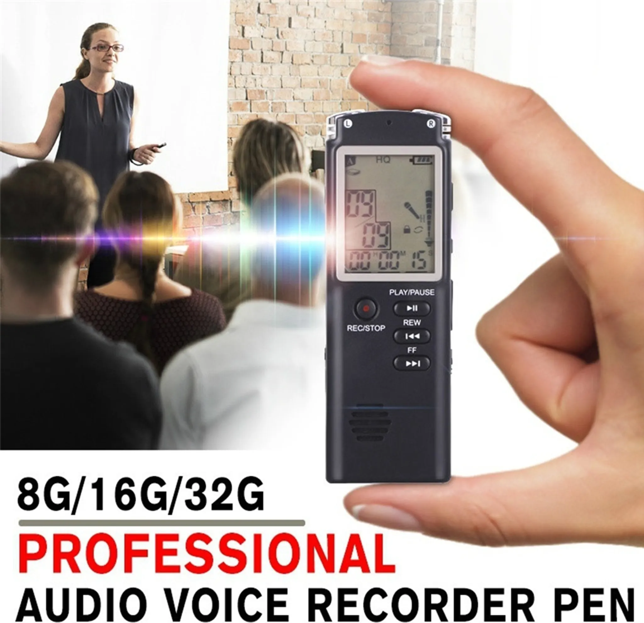Eine Hand hält einen schwarzen Audiorecorder. Eine Frau spricht vor Publikum. Text: Professioneller Audio-Voice-Recorder-Stift.