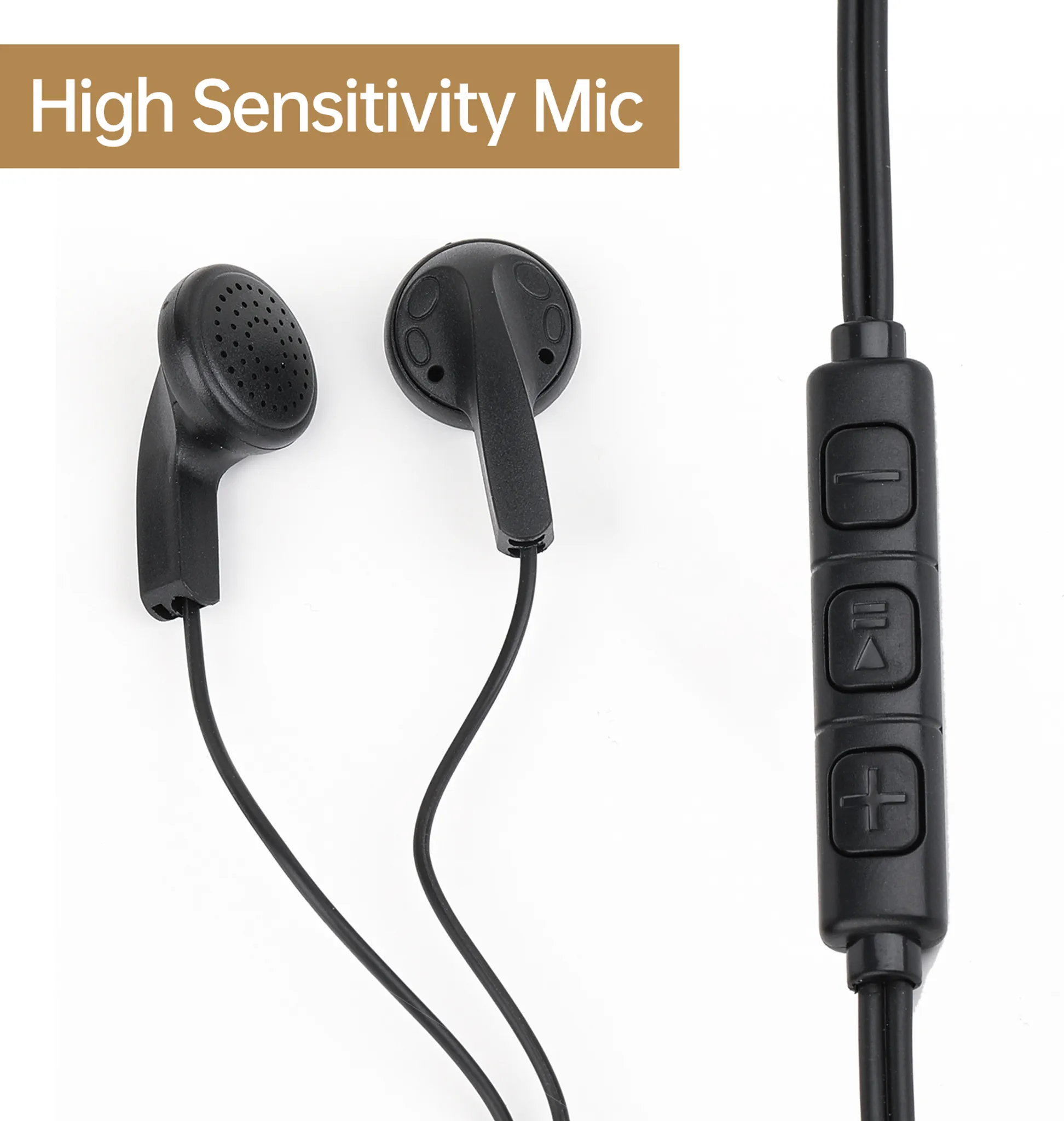 Schwarze Kopfhörer mit Mikrofon-Controller. Der Text oben lautet 'High Sensitivity Mic'.