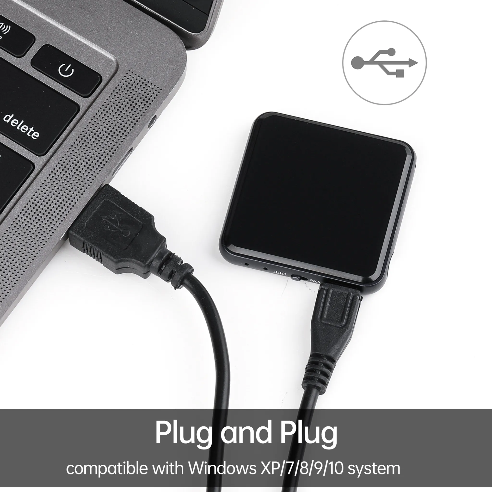 Ein Laptop mit einem USB-Kabel, das mit einem schwarzen Gerät verbunden ist. Das Gerät hat einen Ein/Aus-Schalter.