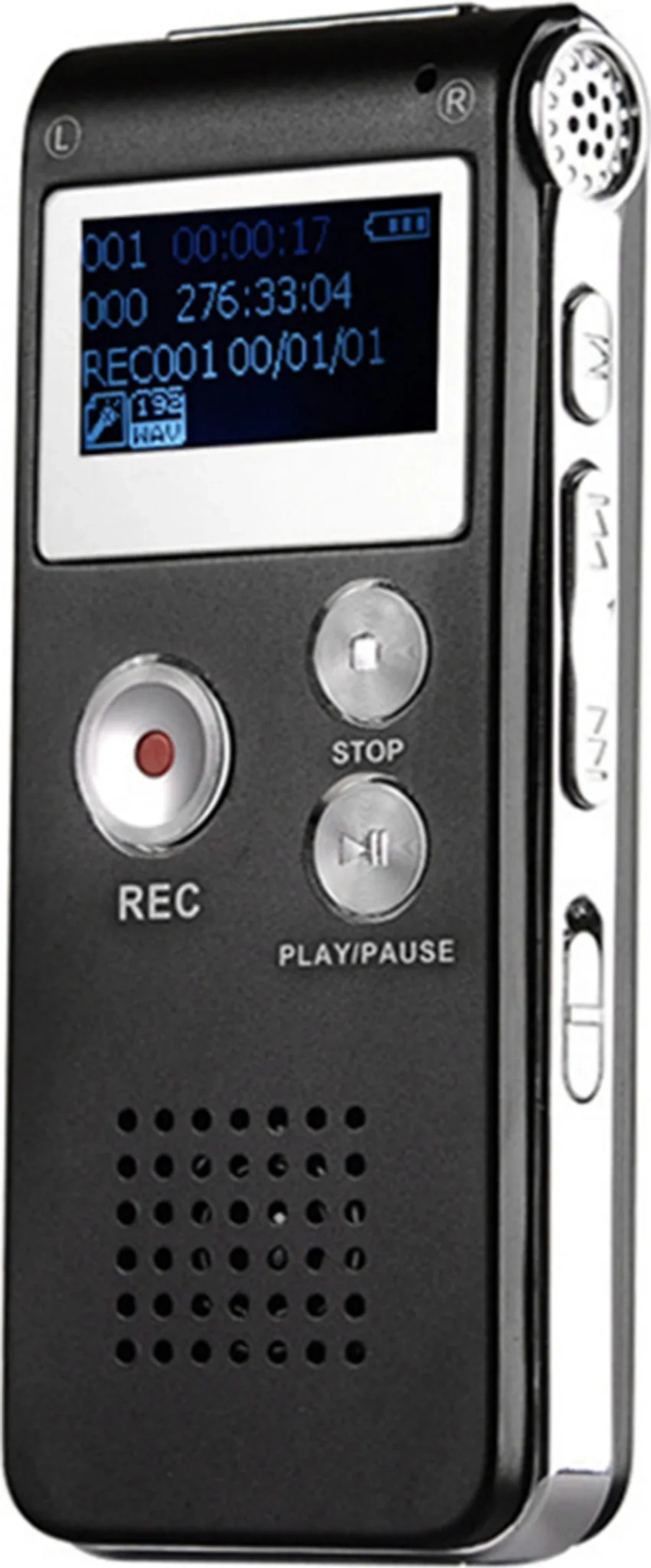 Ein schwarzes digitales Diktiergerät mit Bildschirm, der Zeit und Aufnahmeinformationen anzeigt, mit REC- und PLAY/PAUSE-Tasten.