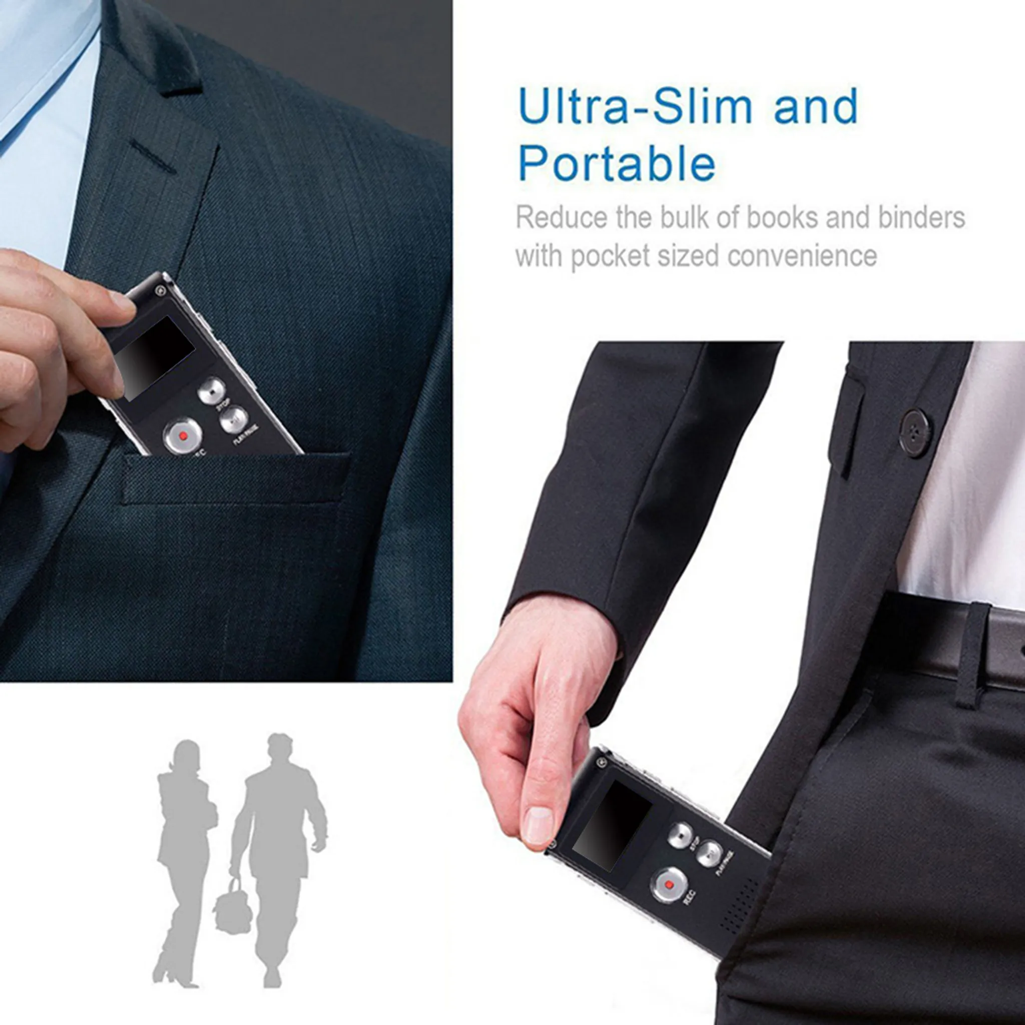 Das Bild zeigt eine Person, die ein schlankes, schwarzes Audiorekorder in ihre Tasche steckt. Text: Ultra-Slim and Portable.