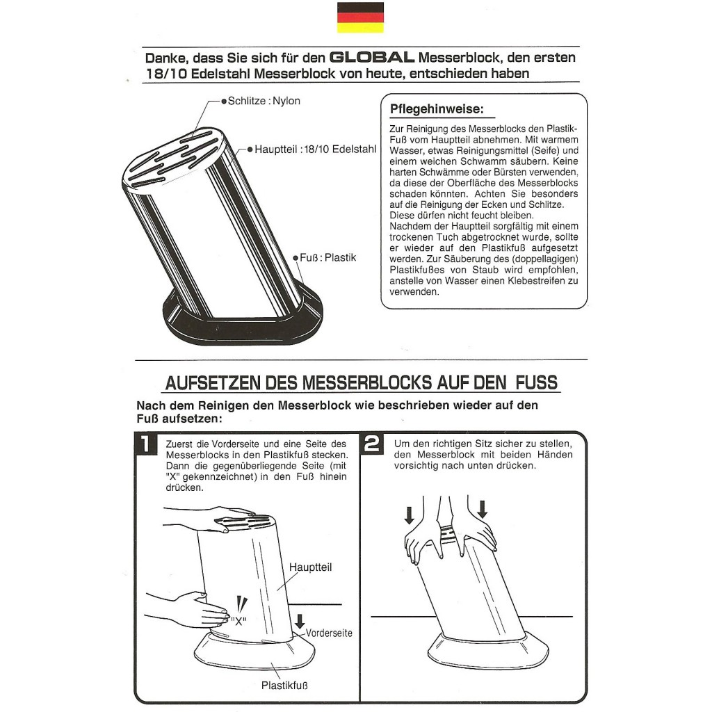 Diagramm eines Messerblocks mit beschrifteten Teilen. Anweisungen zeigen, wie man ihn zusammenbaut. Text auf Deutsch.