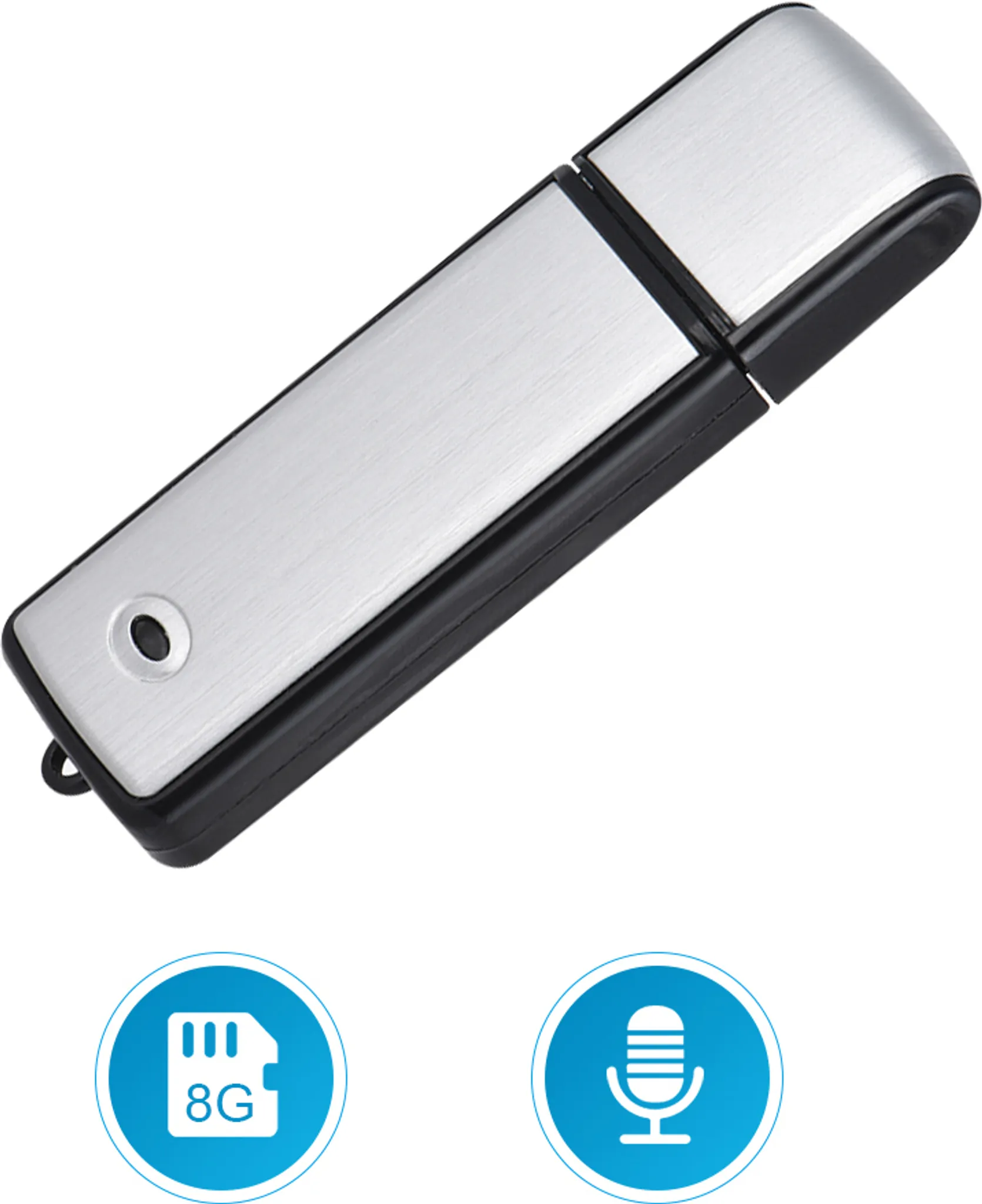 Ein silberner und schwarzer USB-Stick mit Symbolen für 8GB und ein Mikrofon darunter.