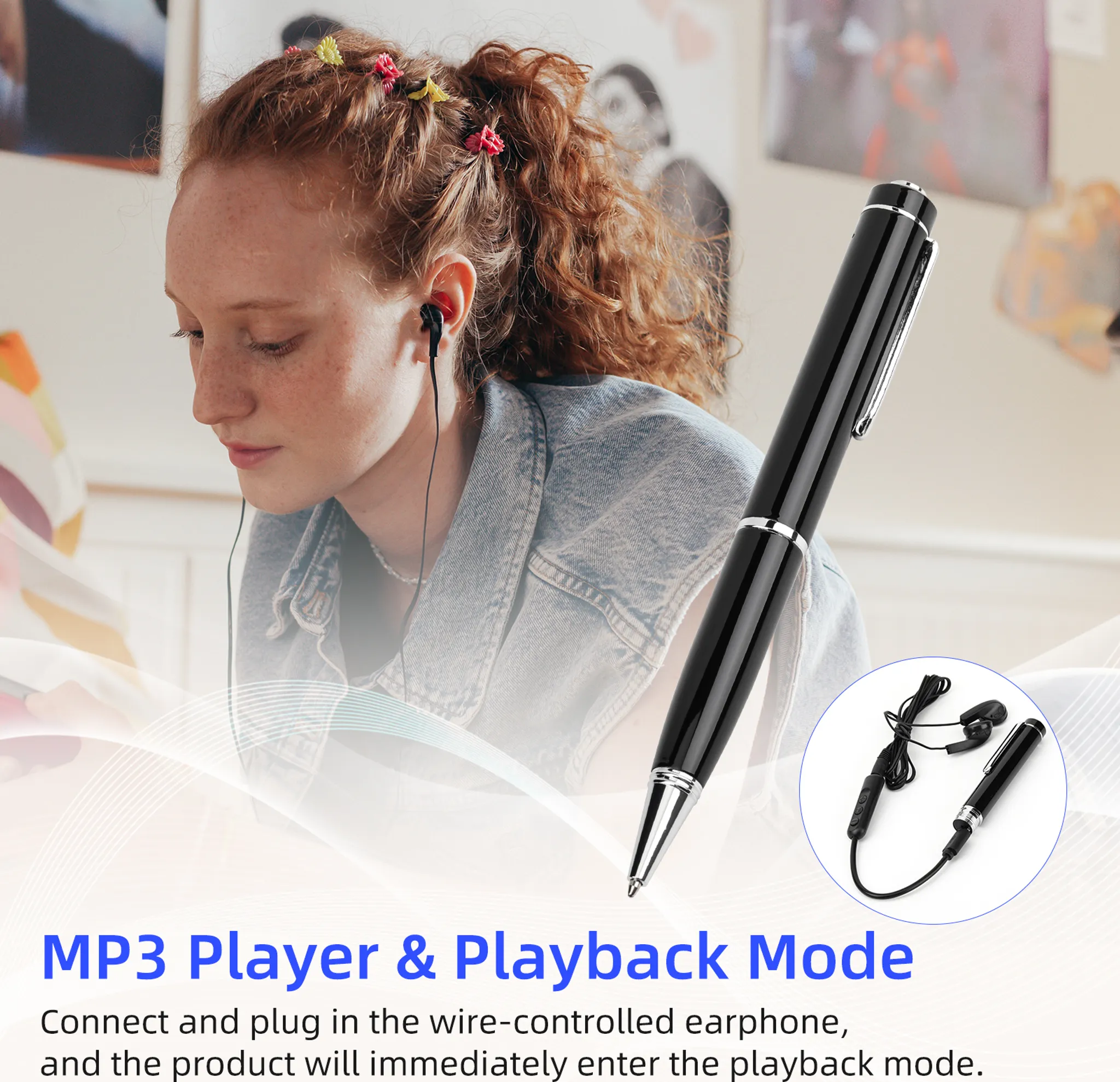 Eine Frau mit Kopfhörern, einem schwarzen Stift und einem Kopfhörerset wird gezeigt. Text besagt, dass dies ein MP3-Player ist.
