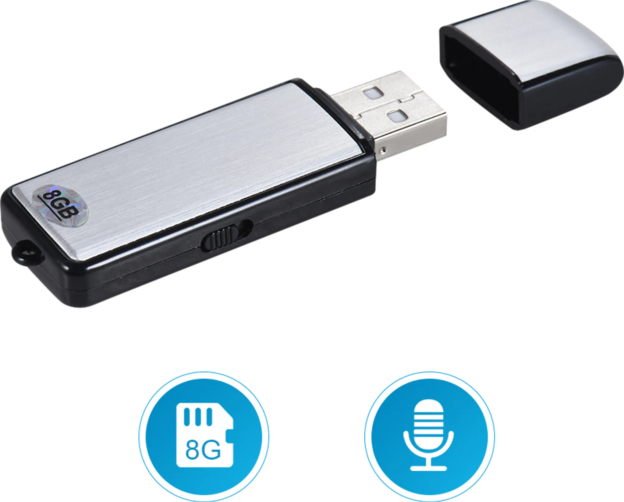 Ein silberner und schwarzer USB-Stick mit abgenommener Kappe. Zwei Symbole, eines für Speicher, eines für Mikrofon.