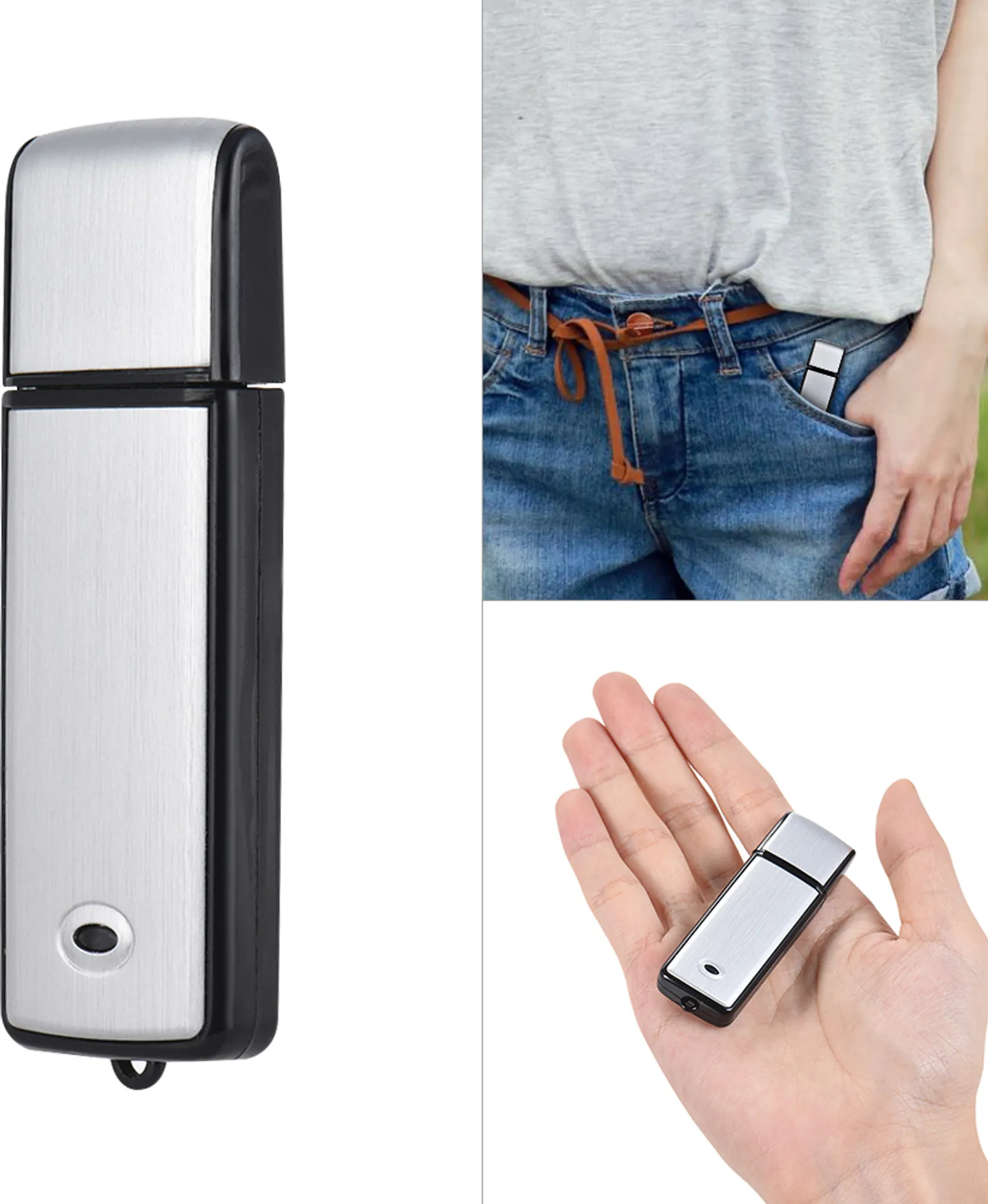 Ein silberner und schwarzer USB-Stick wird in drei Kontexten gezeigt: isoliert, in einer Tasche und in einer Hand gehalten.