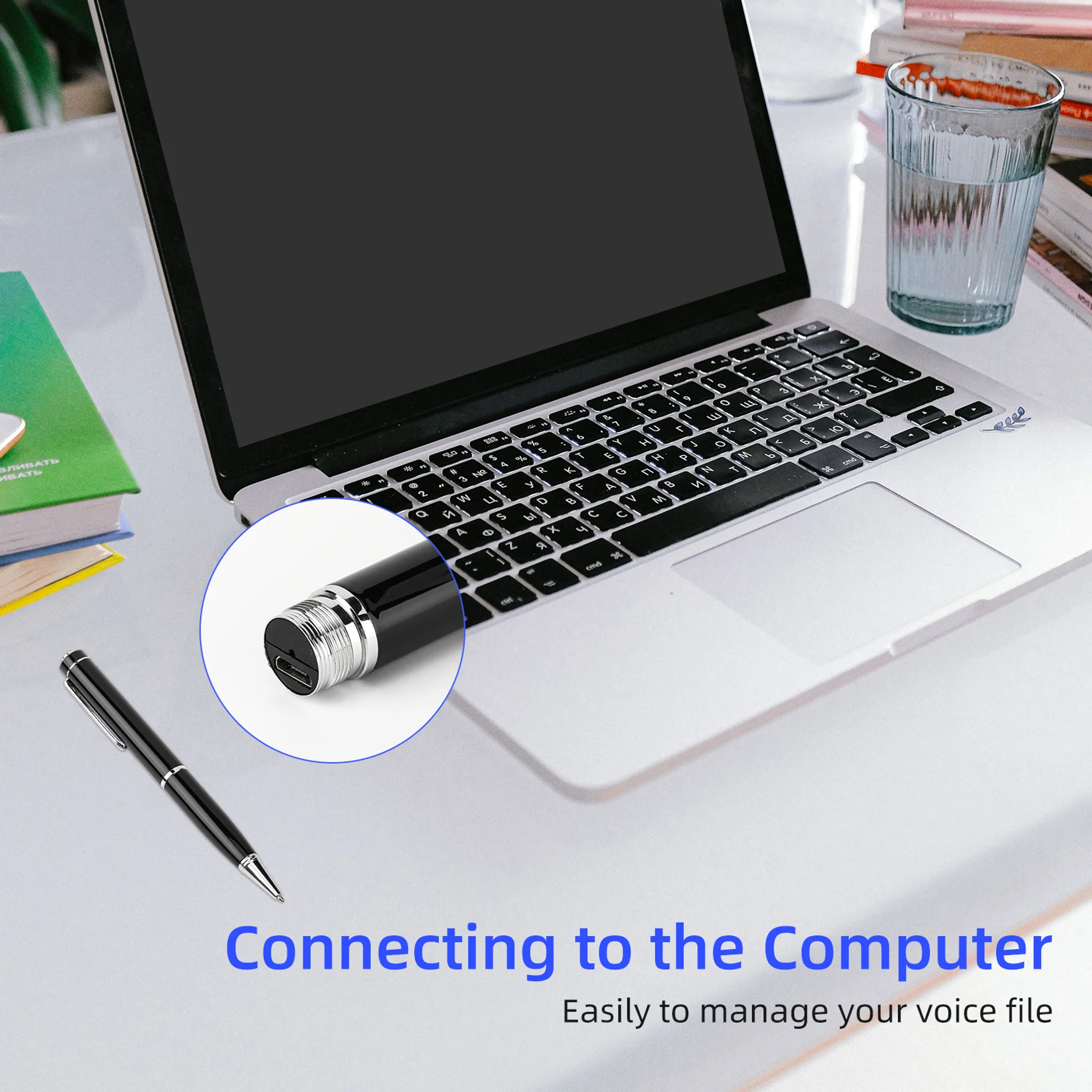 Laptop mit Tastatur, Stift und Aufnahmegerät. Verbindung zum Computer mit Textüberlagerung.