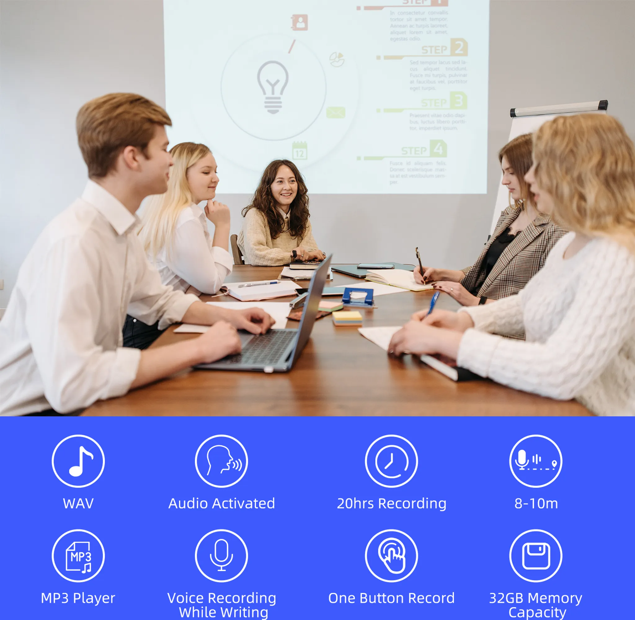 Gruppe von Personen bei einem Meeting. Ein Bildschirm zeigt Text. Symbole für Audioaufnahmefunktionen unten.