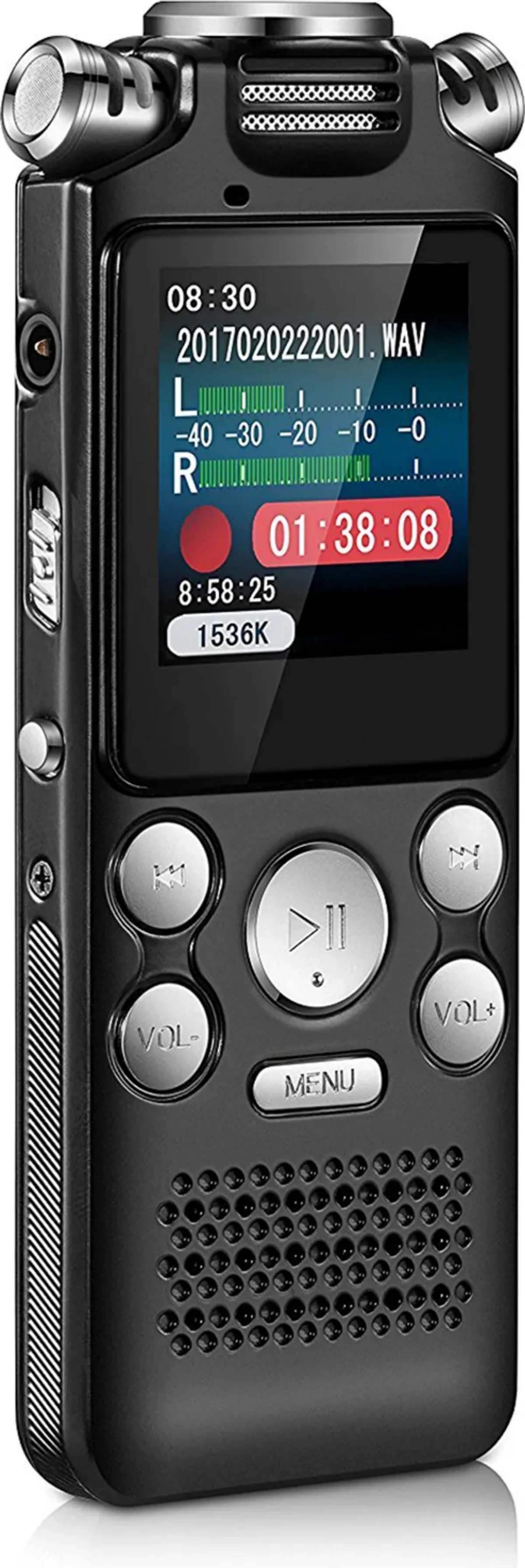 Ein schwarzes digitales Aufnahmegerät mit Bildschirm, der Aufnahmeinformationen anzeigt und darunter Knöpfe hat.