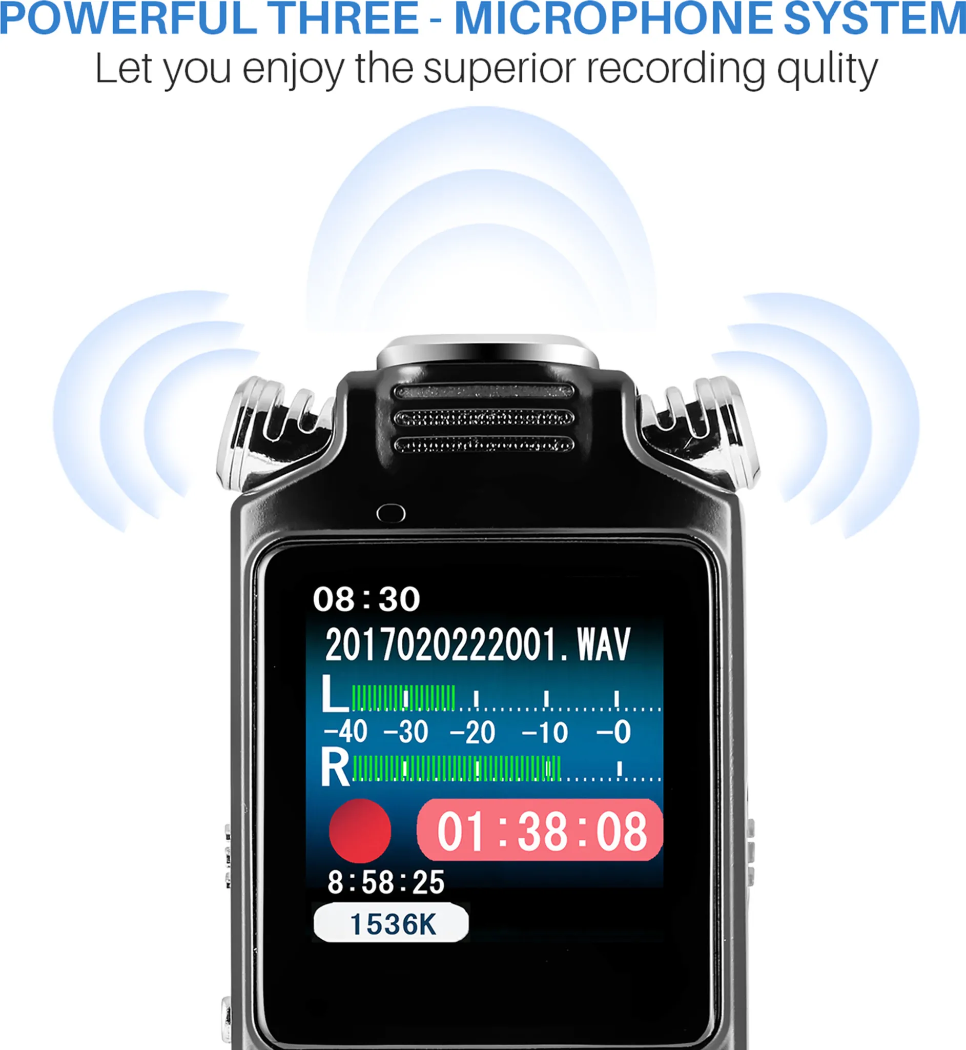 Schwarzer Audiorekorder mit Bildschirm, der die Aufnahmezeit anzeigt. Blaue Schallwellen gehen vom Gerät aus.