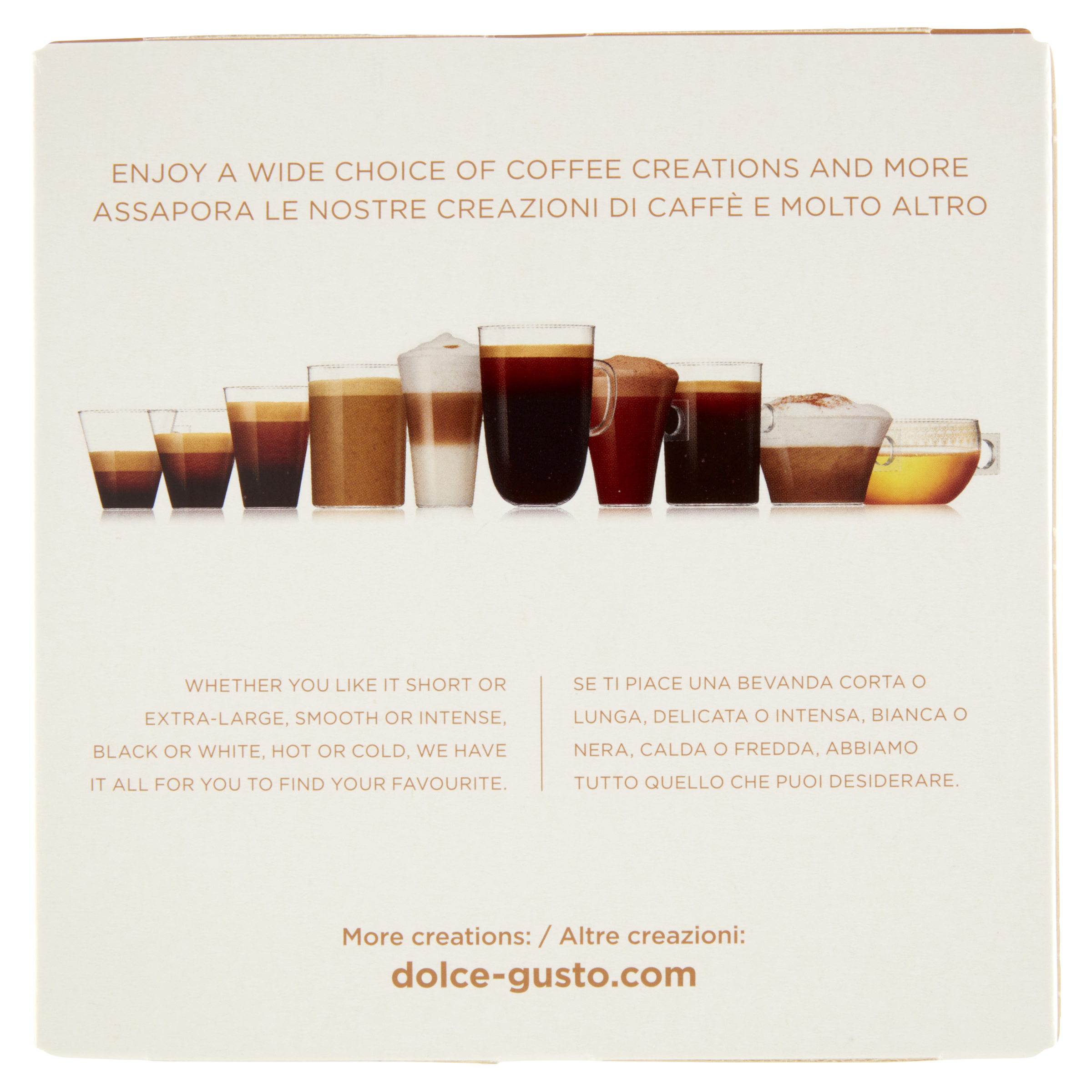 L'immagine mostra varie bevande al caffè in bicchieri trasparenti su sfondo bianco, con testo sulle scelte di caffè.