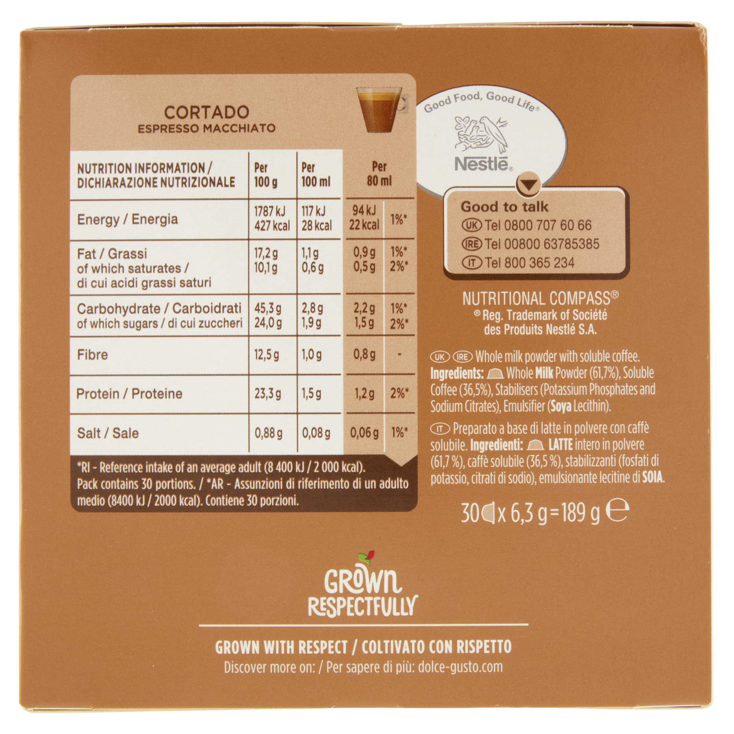 Scatola di caffè Cortado con informazioni nutrizionali, logo Nestlé e lista ingredienti.