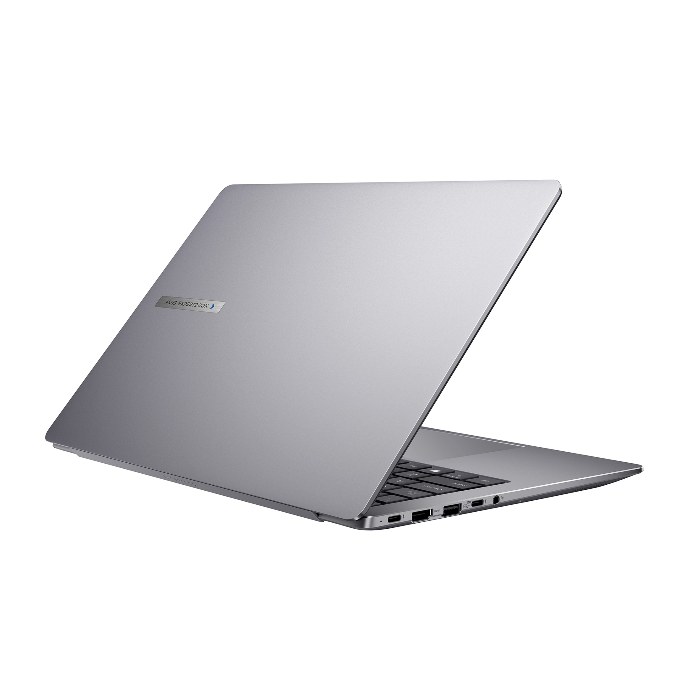 Ein grauer Laptop ist vor weißem Hintergrund abgebildet. Der Deckel ist geöffnet und gibt die Tastatur frei.
