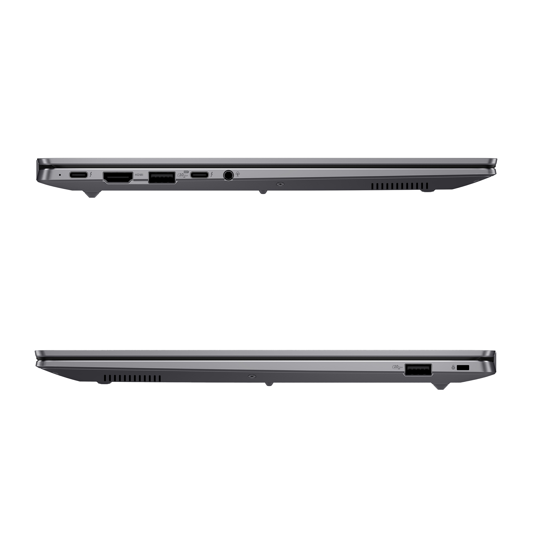 Zwei Seitenansichten eines grauen Laptops zeigen Anschlüsse und Lüftungsschlitze vor weißem Hintergrund.