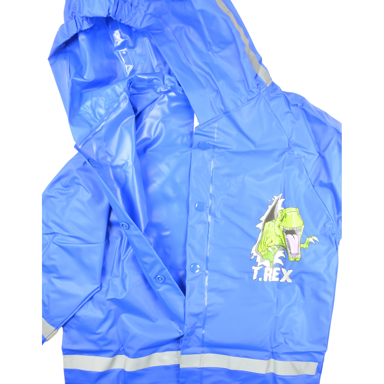 Ein blauer Regenmantel mit Kapuze und einem Dinosaurier-Motiv. Er hat reflektierende Streifen und Knöpfe vorne. Der Hintergrund ist weiß.