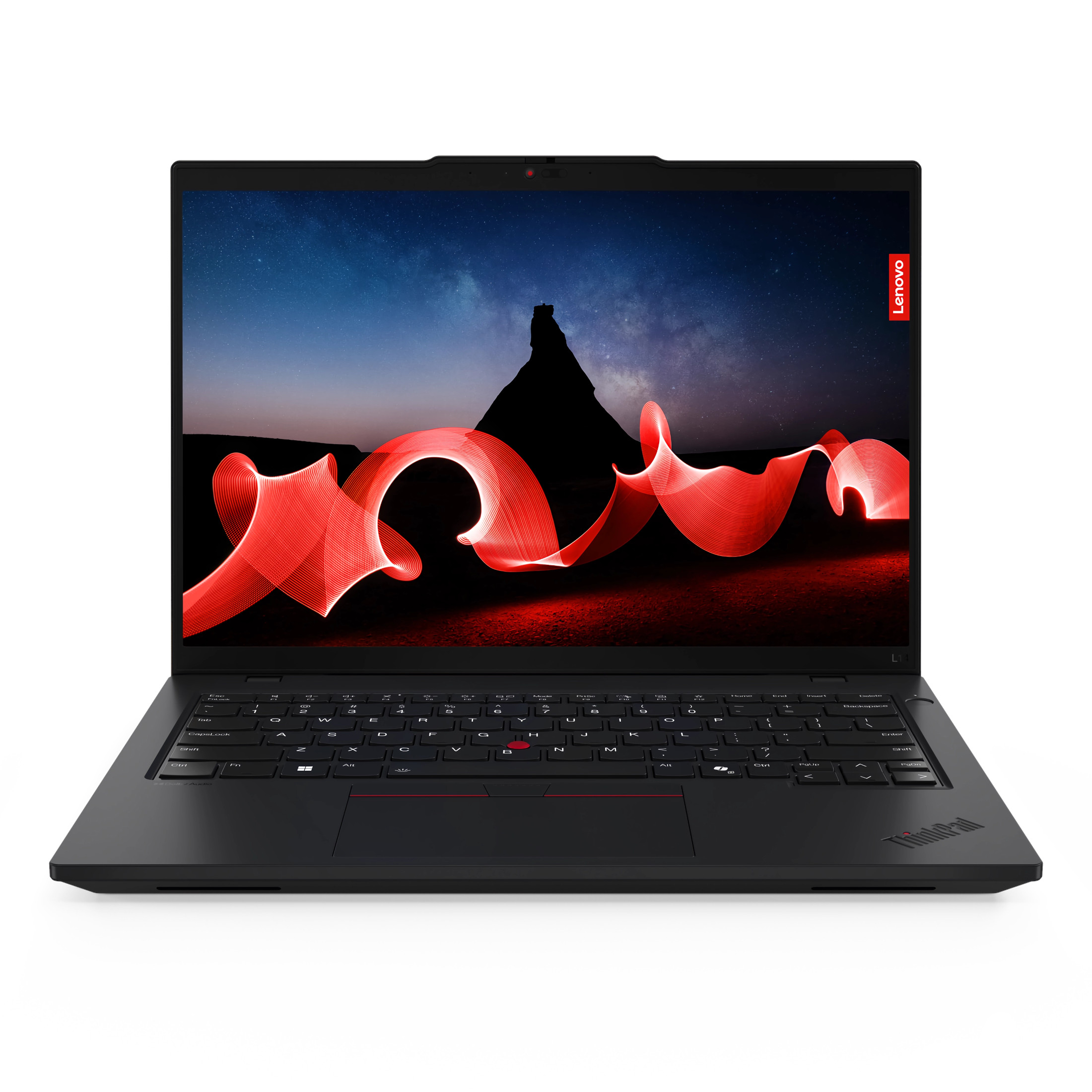 Schwarzer Lenovo ThinkPad Laptop. Der Bildschirm zeigt eine Nachthimmelszene mit roten Lichtspuren. Tastatur sichtbar, Lenovo-Logo.