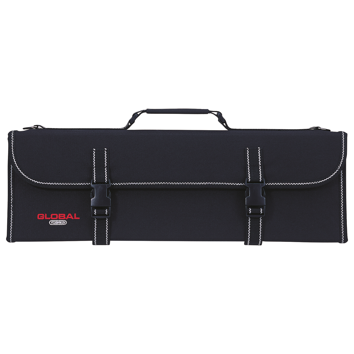 Schwarze Messertasche mit weißen Nähten, Griff und Schnallen. Die Marke "GLOBAL" ist rot auf der Vorderseite aufgedruckt.