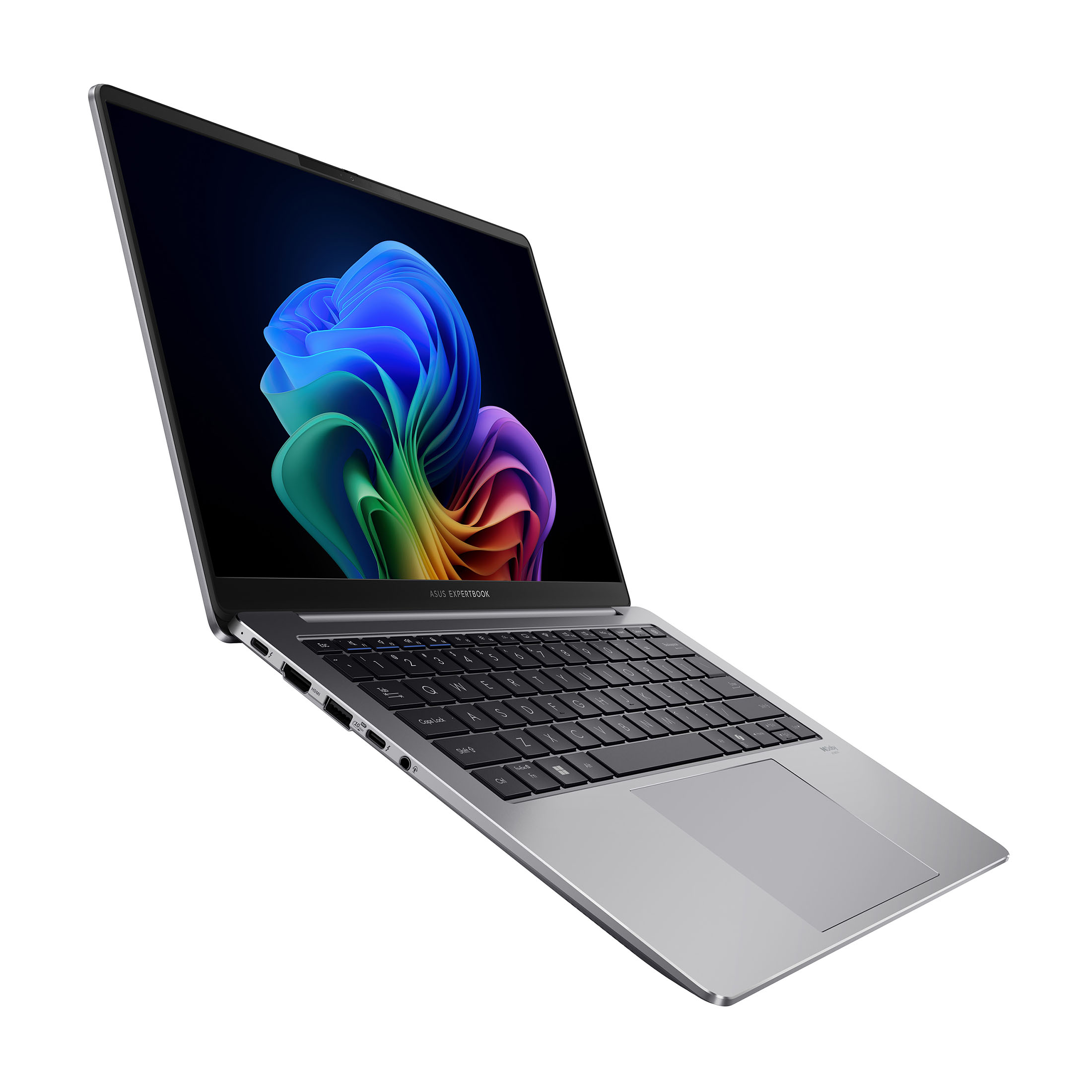 Silberner Laptop mit schwarzer Tastatur. Der Bildschirm zeigt ein buntes abstraktes Design. ASUS ExpertBook ist sichtbar.