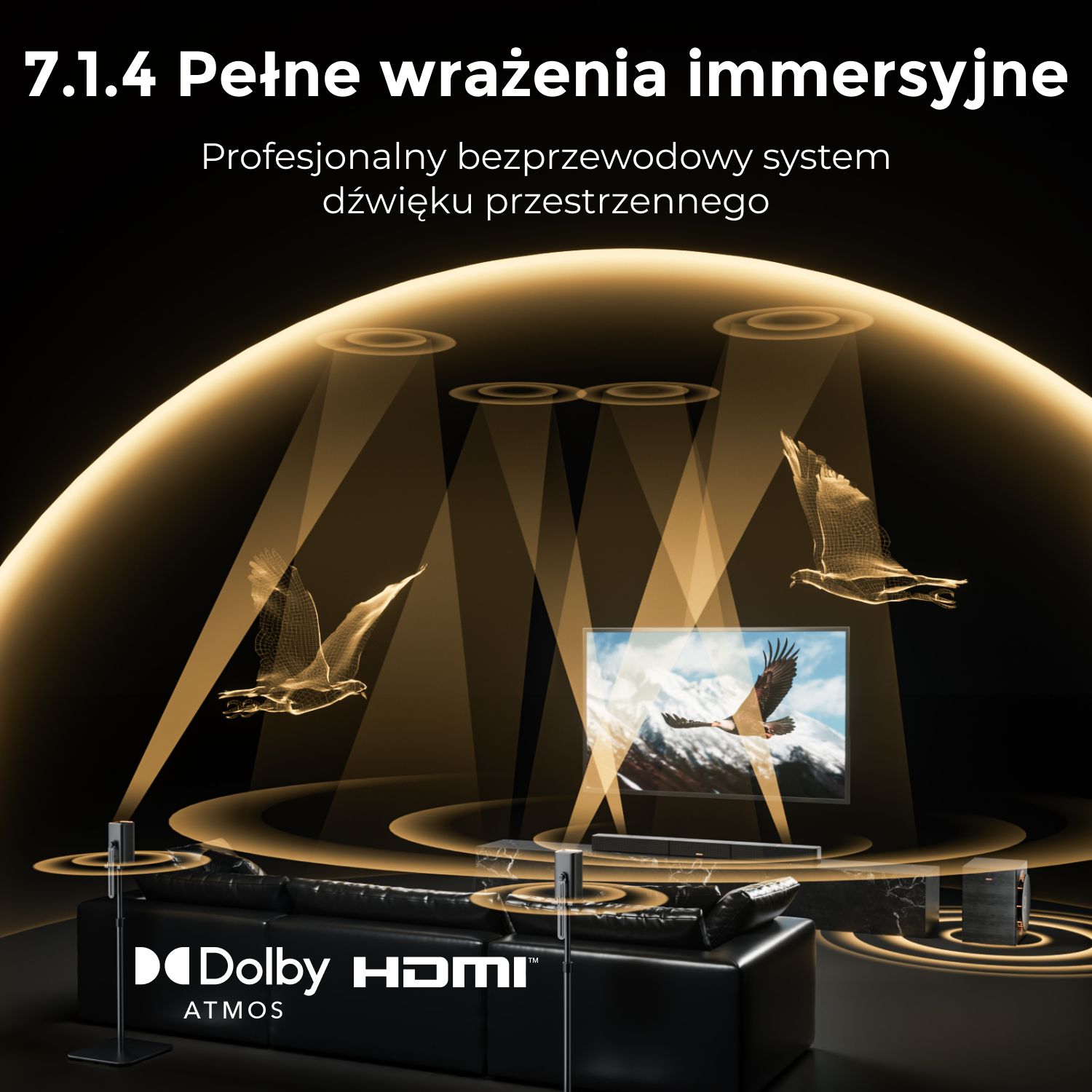 Nowoczesny zestaw kina domowego z głośnikami, telewizorem z orłem i abstrakcyjnymi kształtami ptaków, z logo Dolby i HDMI.