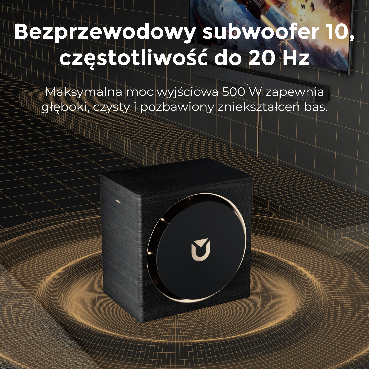 Czarny subwoofer ze złotym pierścieniem wokół głośnika. Tekst powyżej mówi 'bezprzewodowy subwoofer'.