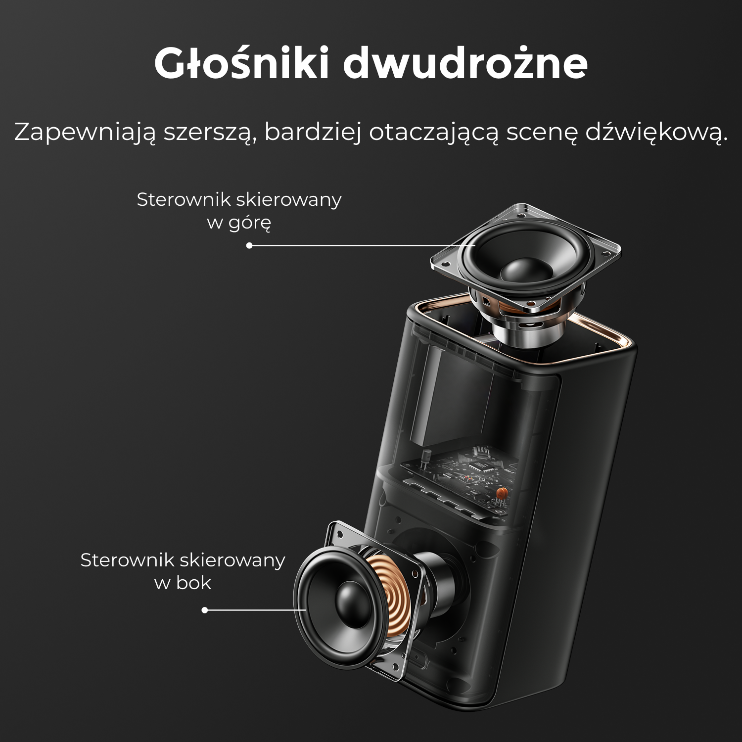 Schemat głośnika dwudrożnego z elementami wewnętrznymi. Tekst w języku polskim opisuje funkcje i kierunki głośnika.